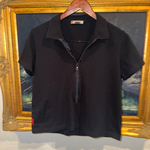 PRADA Vintage Y2K Black Half Zip Short Sleeve Boxy Collared Tee Size Large - Picture 1 of 9